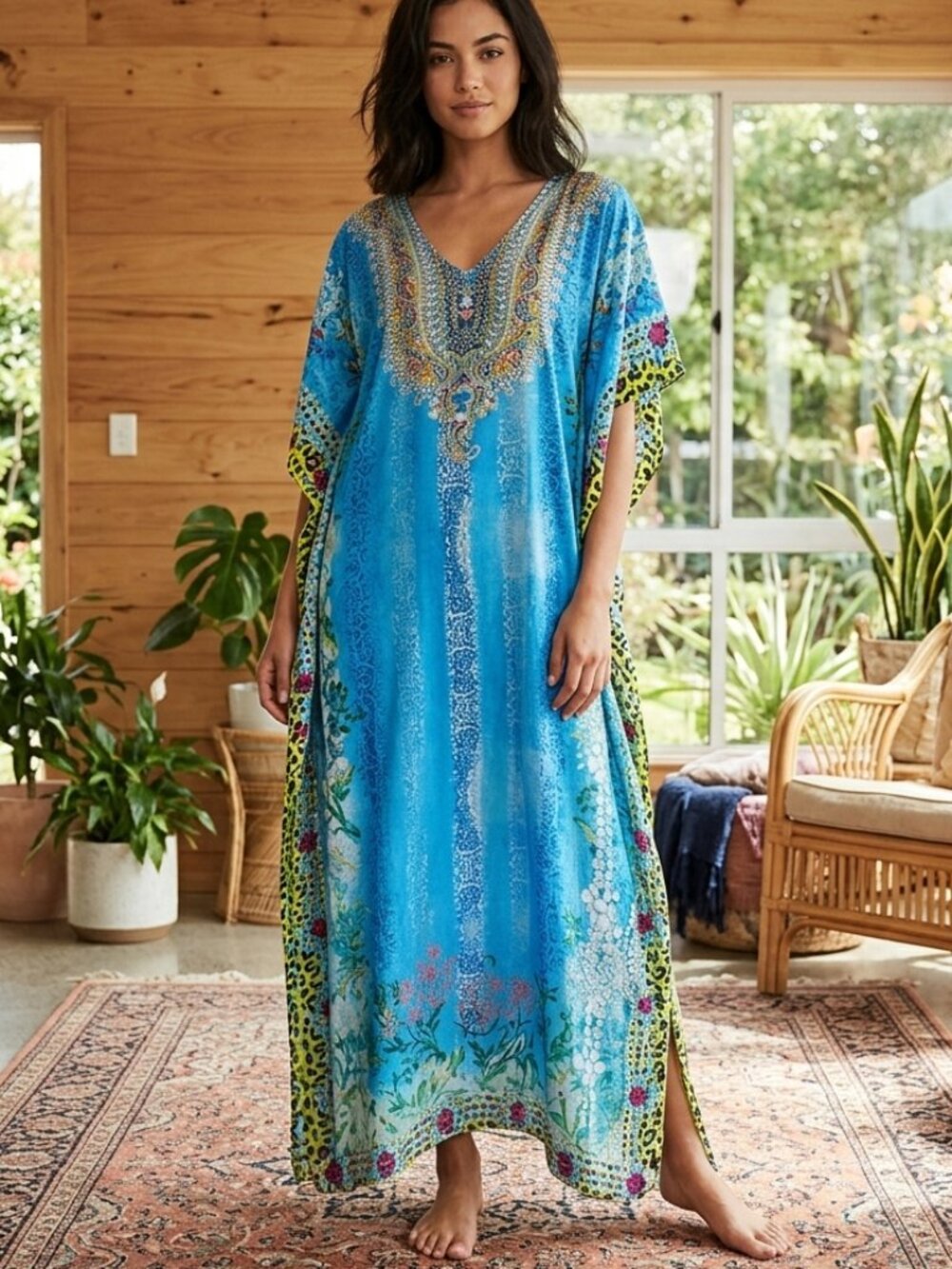 Vibrant Turquoise Blue Animal Print Kaftan Dress /Cover Up